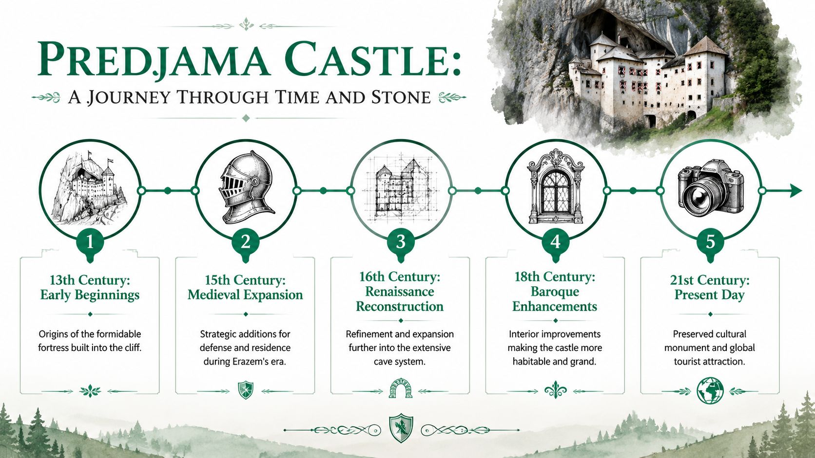 A historical timeline infographic titled Predjama Castle showing five stages of development from the 13th century to today.