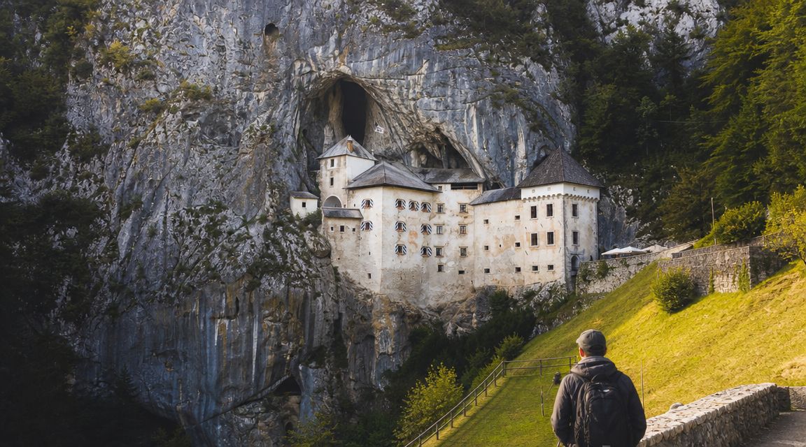 A hiker with a backpack looking towards the historic Predjama Castle built into a large cliffside cave.