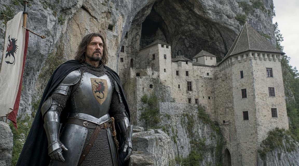 A armored knight standing in front of the historic and cliff-embedded Predjama Castle in Slovenia.