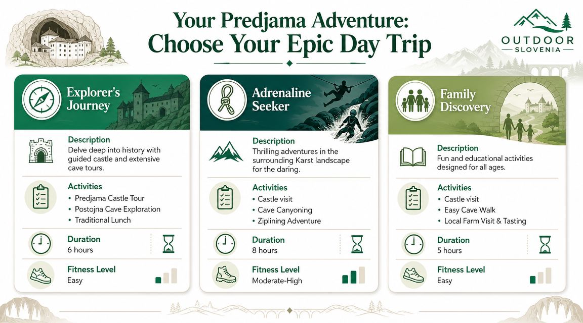 A travel infographic titled Your Predjama Adventure presenting three distinct tour packages for visiting the historic Predjama Castle.