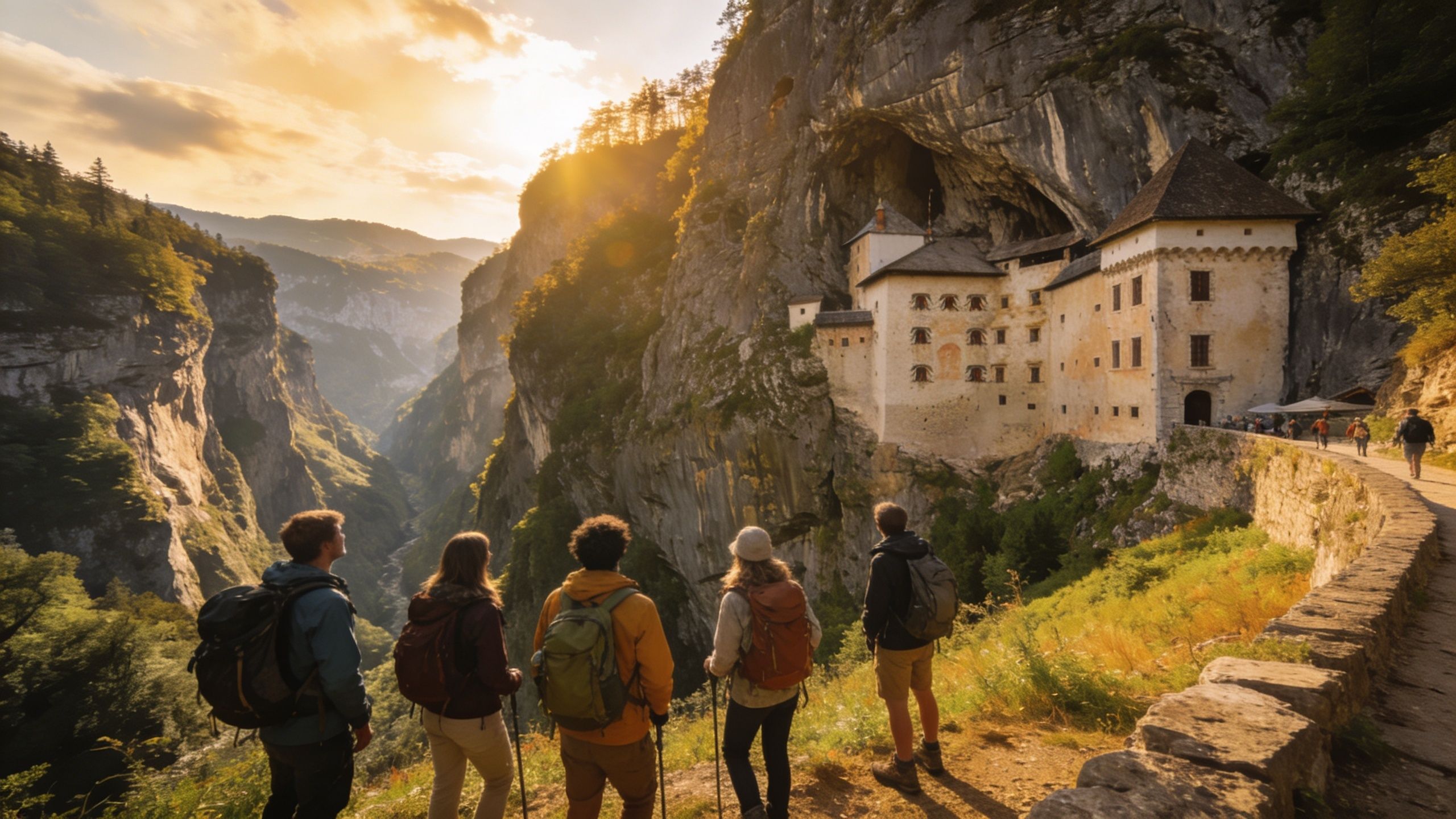 A group of hikers admiring the historic Predjama Castle built into a cliffside at sunset.