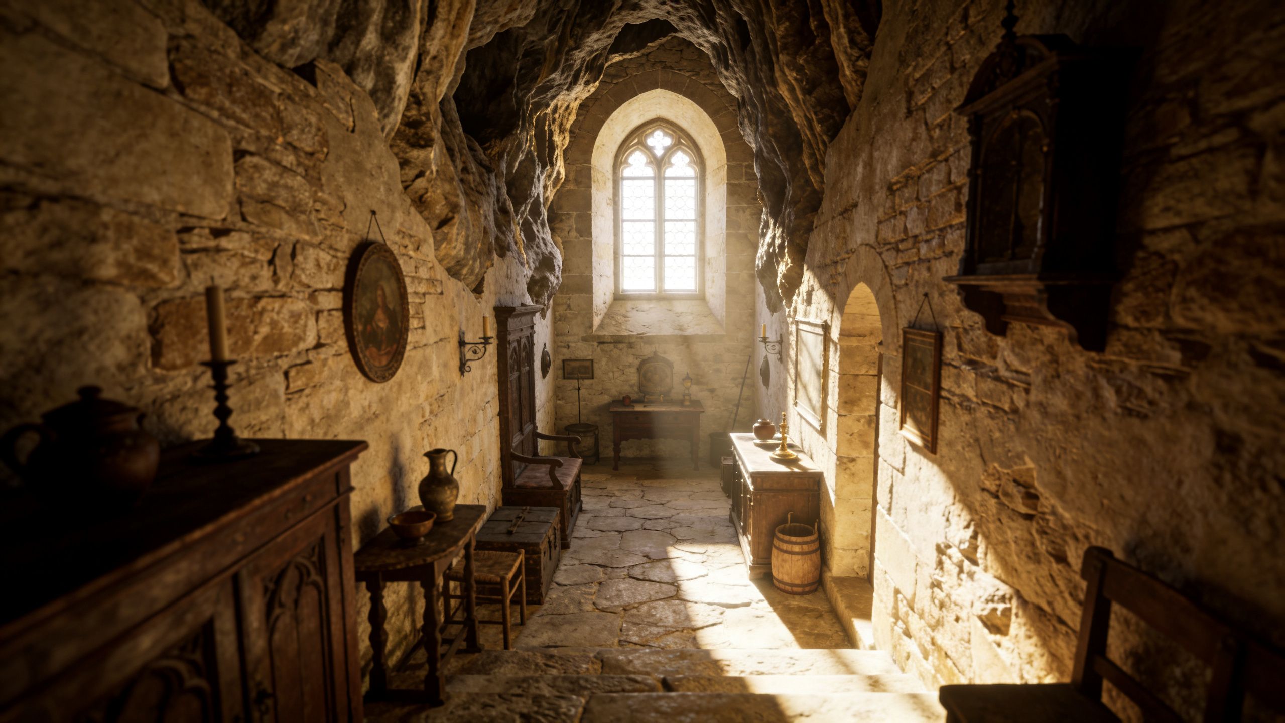 A scenic view inside a medieval stone cave room at Predjama Castle with warm natural lighting.