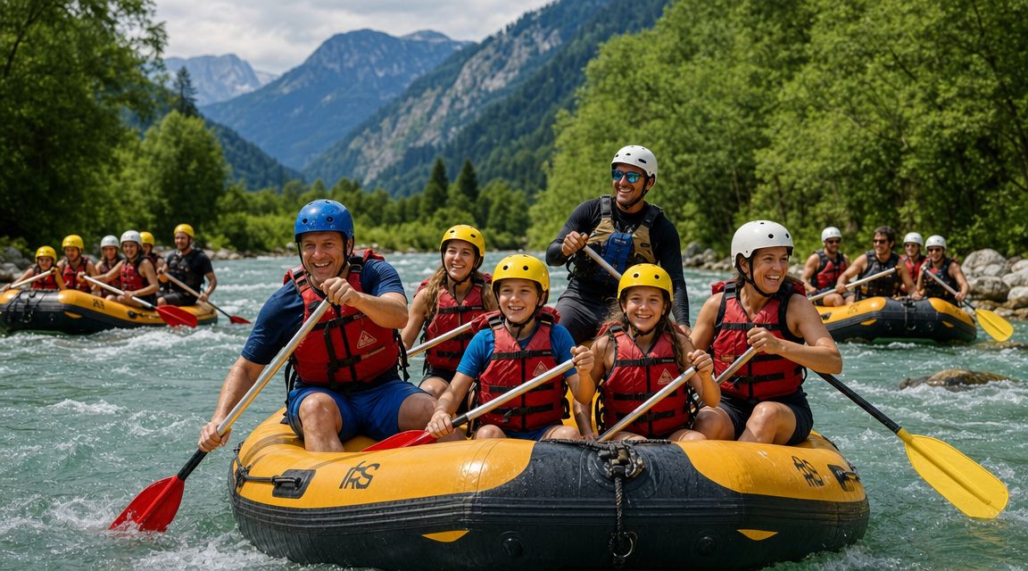 A group of happy families enjoying a whitewater rafting adventure on a river in Bohinj, Slovenia.