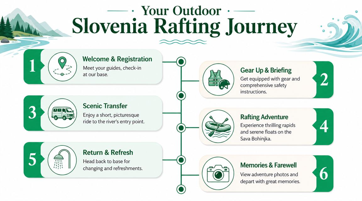 A six-step infographic outlining an outdoor rafting journey itinerary in Slovenia featuring icons and activity descriptions.