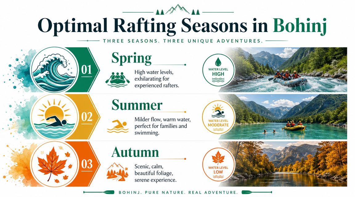 An infographic detailing the three optimal rafting seasons in Bohinj, Slovenia, highlighting different water levels and experiences.