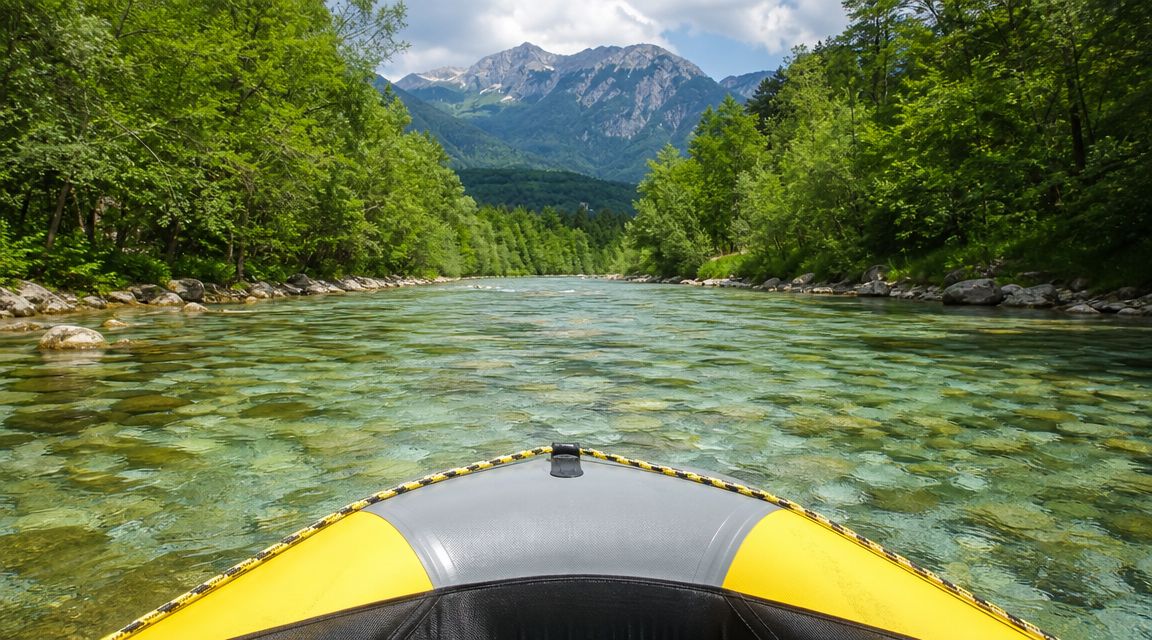 A first-person view from a yellow raft floating on a clear, turquoise river toward majestic mountains.