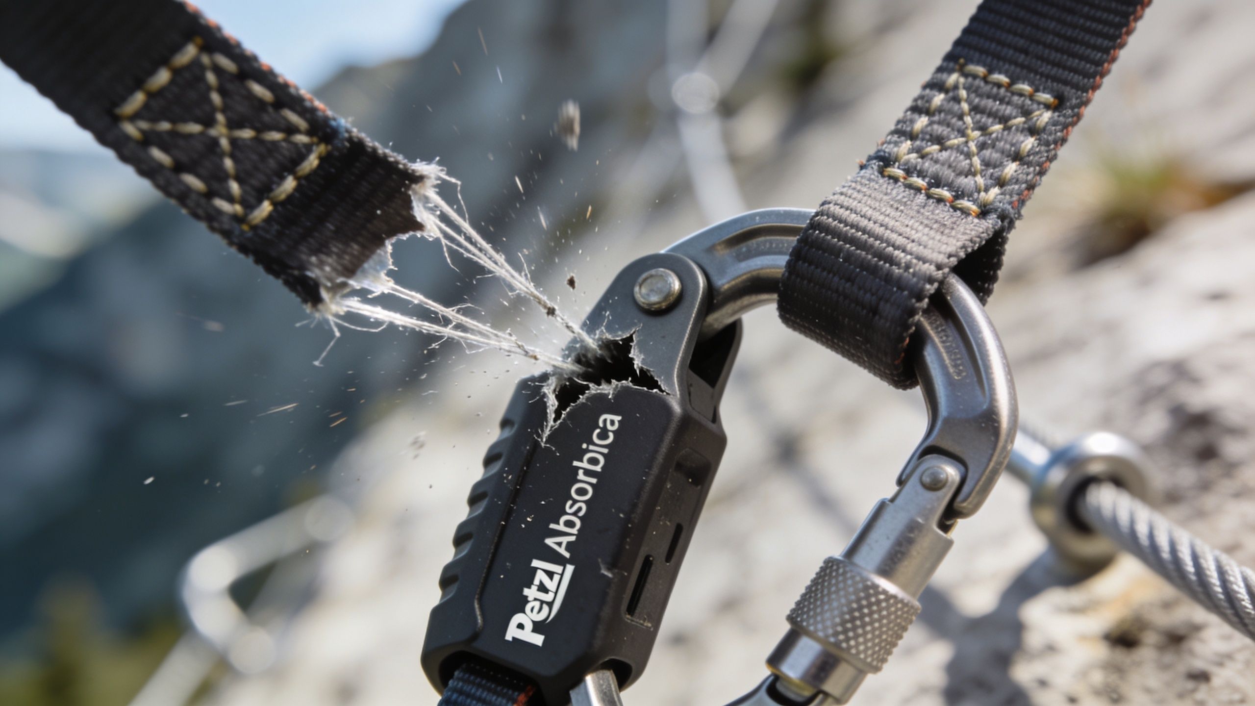 A torn Petzl Absorbica webbing strap connected to a metal climbing carabiner on a via ferrata cable.