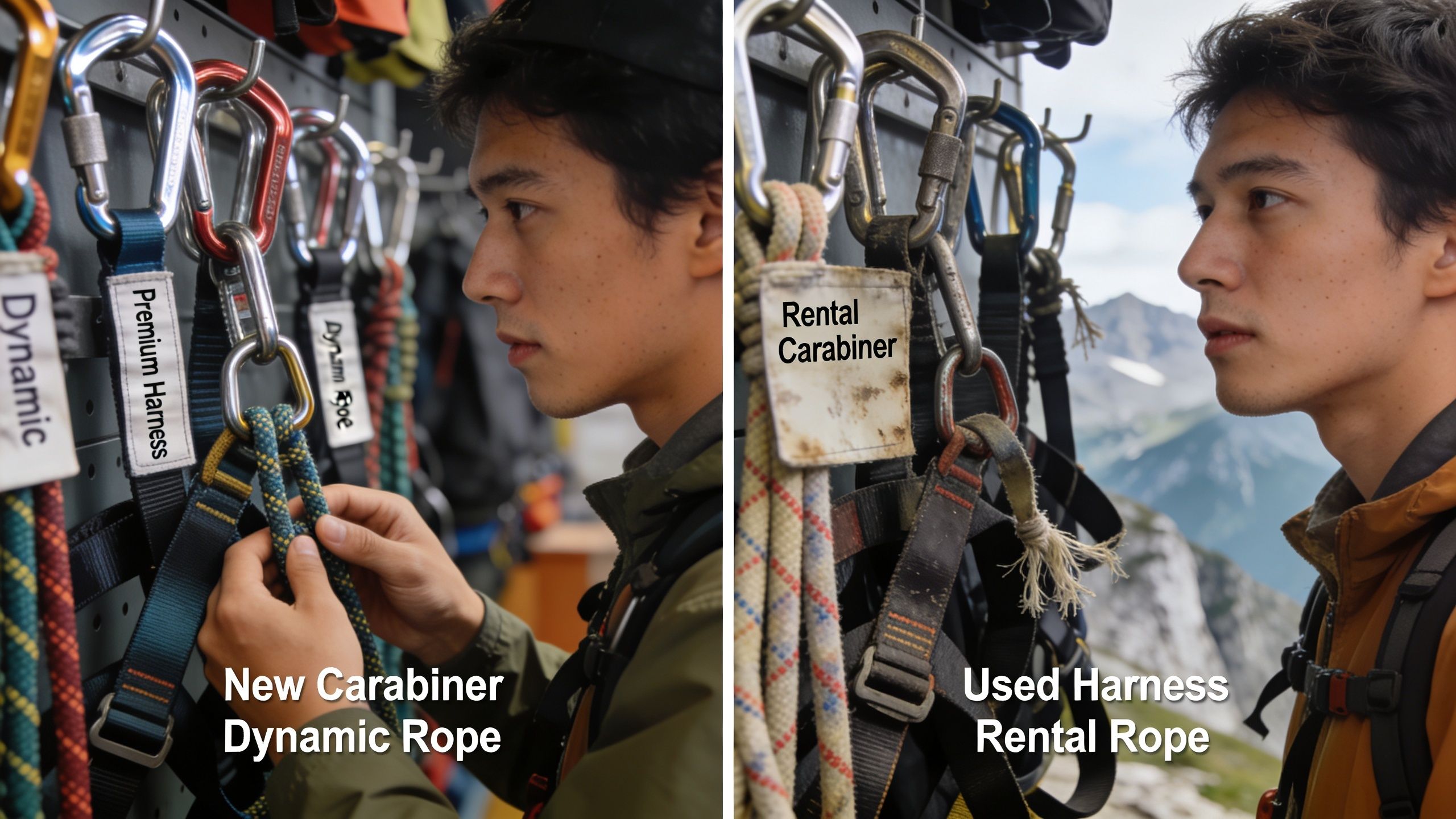 A split image comparing new climbing gear equipment with worn rental climbing gear being inspected by a man.