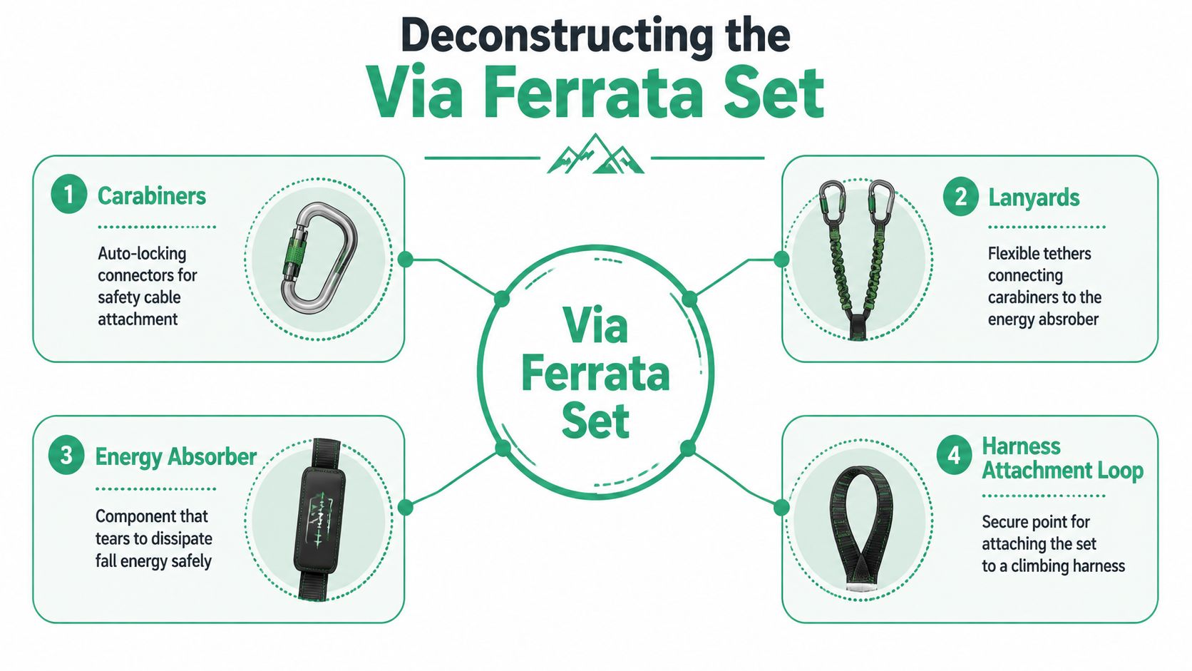 A diagram illustrating the four key components of a via ferrata climbing set with descriptions for each.