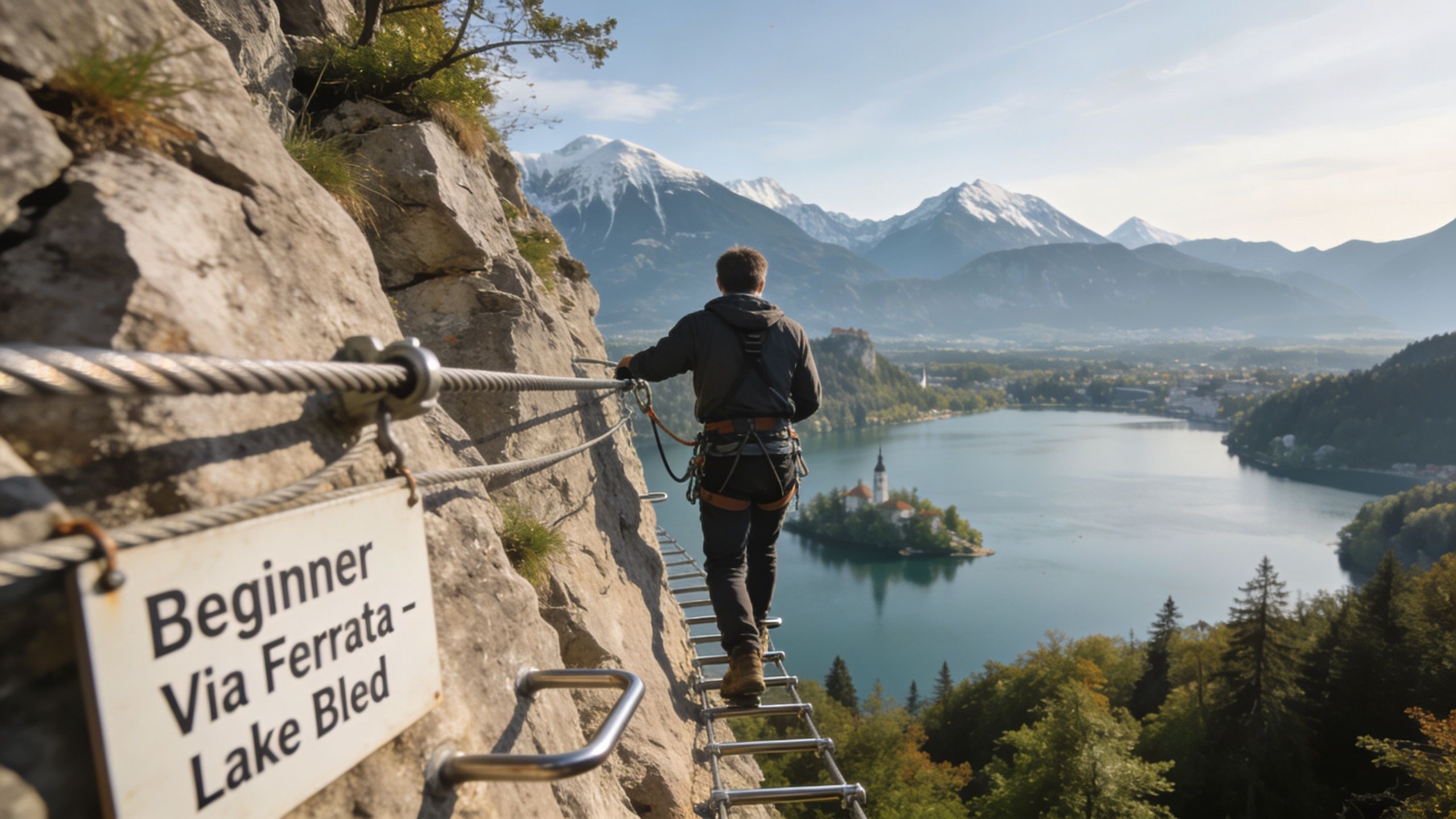 A hiker on a metal ladder along a steep cliff overlooking Lake Bled with mountains in background.
