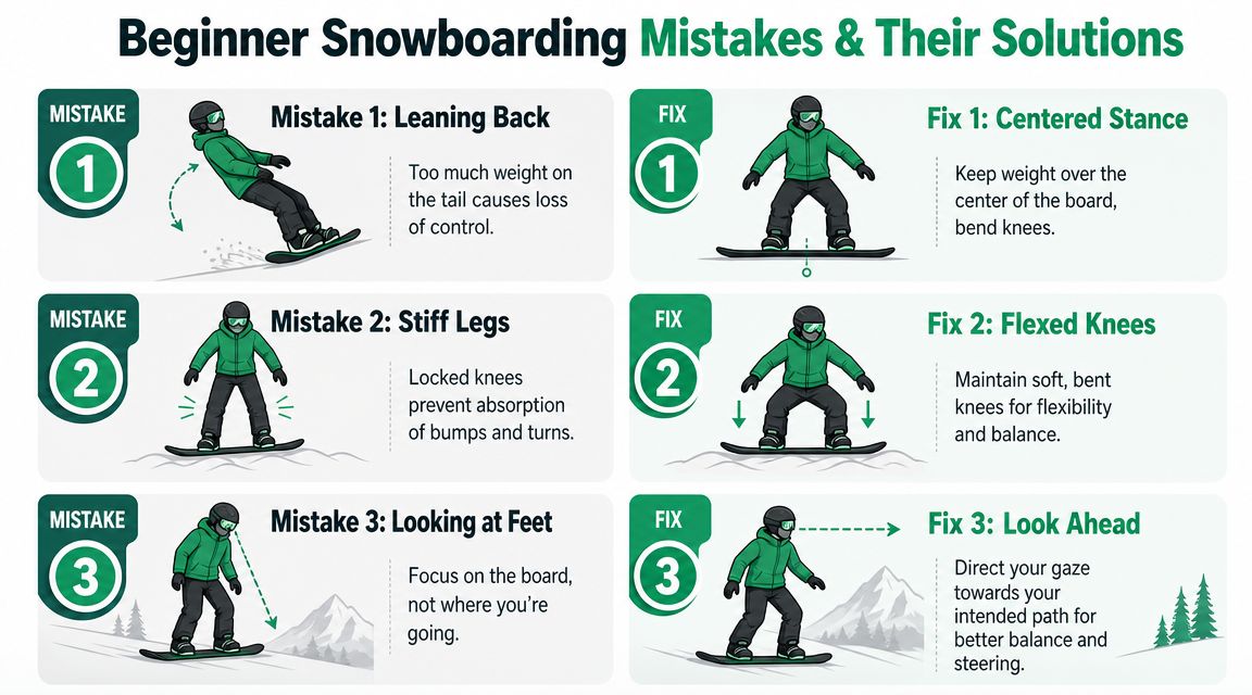 An infographic showing common beginner snowboarding mistakes and their corresponding solutions for better balance and control.