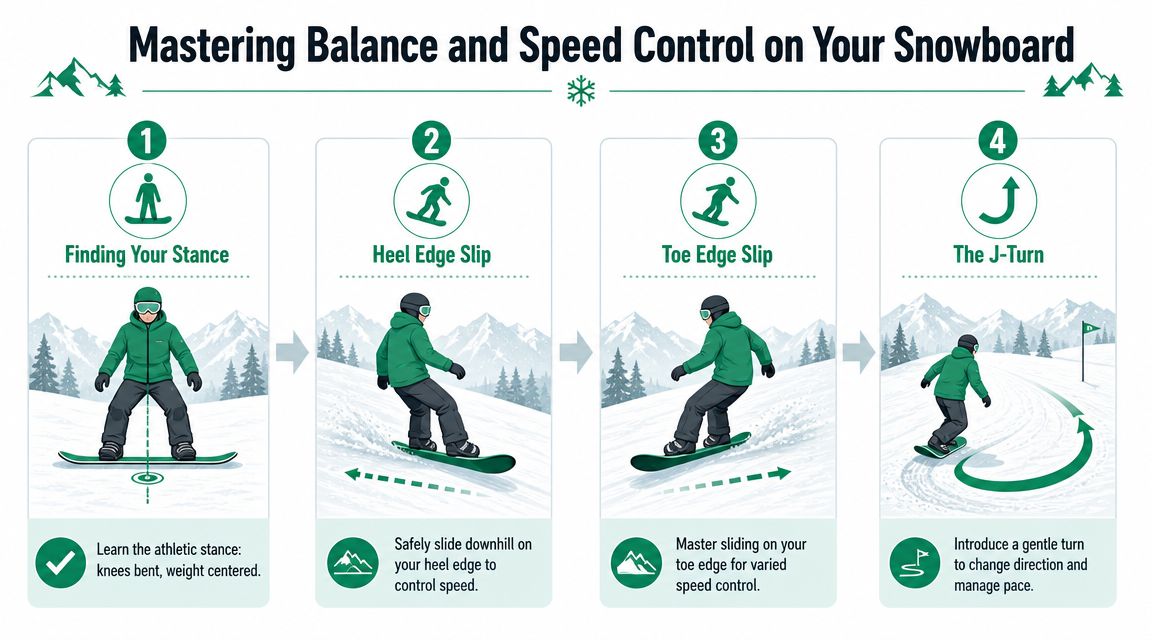 An infographic showing four essential snowboarding steps for beginners to master balance and speed control.