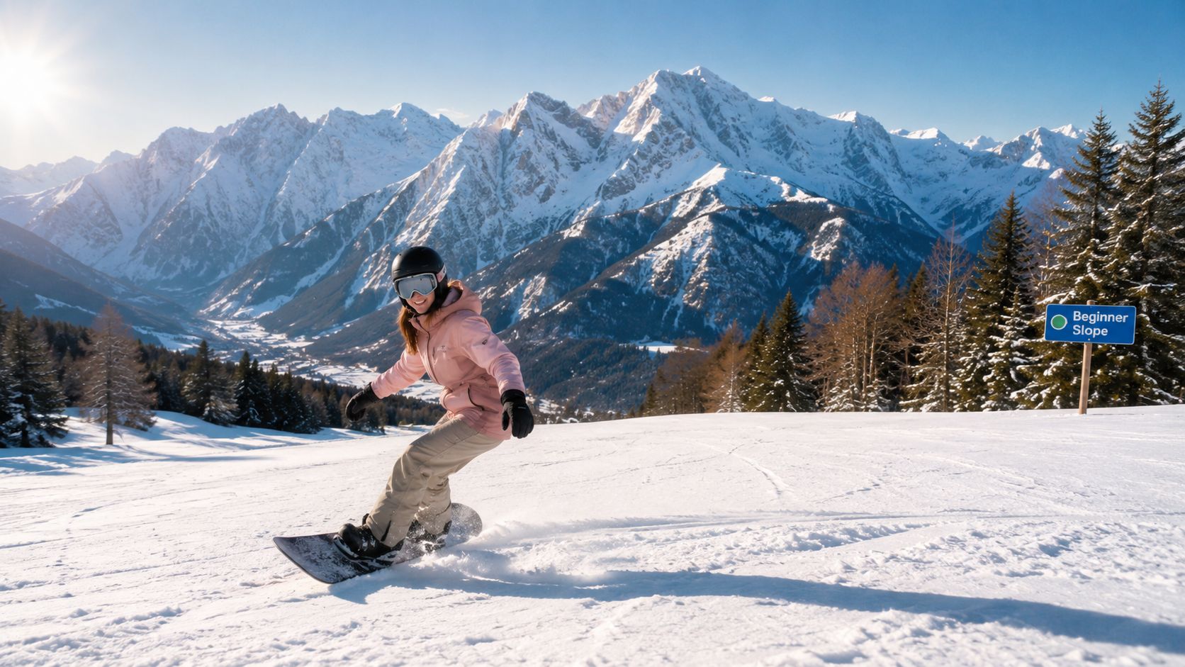 A happy woman snowboarding down a sunny beginner ski slope with majestic snow-covered mountains in the background.