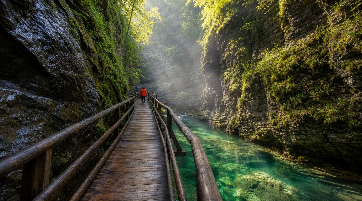 A person in a red jacket walking on a wooden boardwalk through a scenic, lush green canyon.