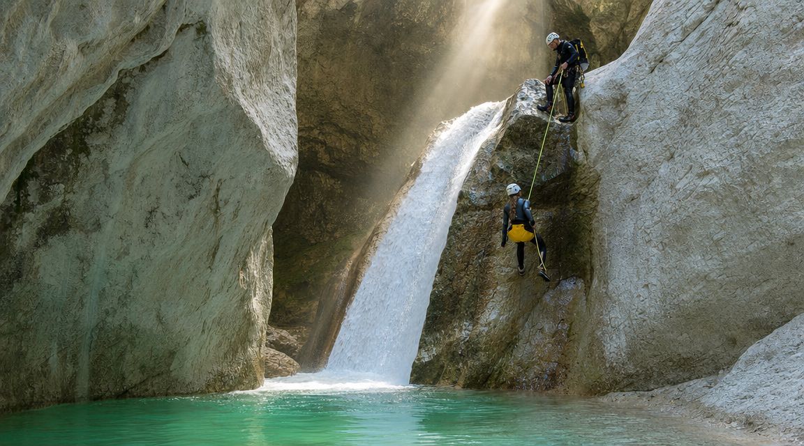 A man and woman in wetsuits rappelling down a scenic waterfall in a rocky canyon.