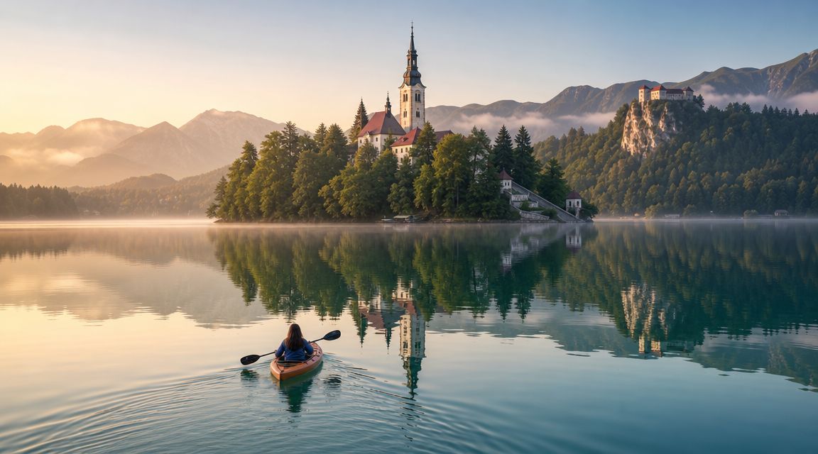 A person kayaking on a calm lake toward a picturesque island church surrounded by mountains at sunrise.