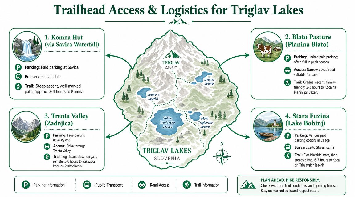 An infographic map outlining four access routes and logistical information for visiting Triglav Lakes in Slovenia.