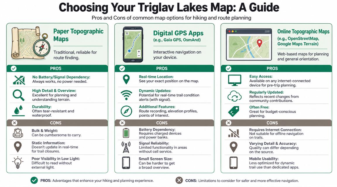 A comparison guide for choosing hiking maps including paper maps, digital GPS apps, and online topographic maps.