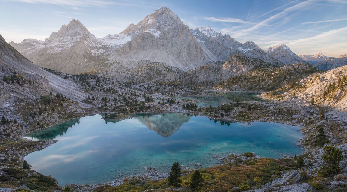 Stunning glacial lakes reflecting the towering, jagged peaks of the Triglav mountain range in Slovenia.