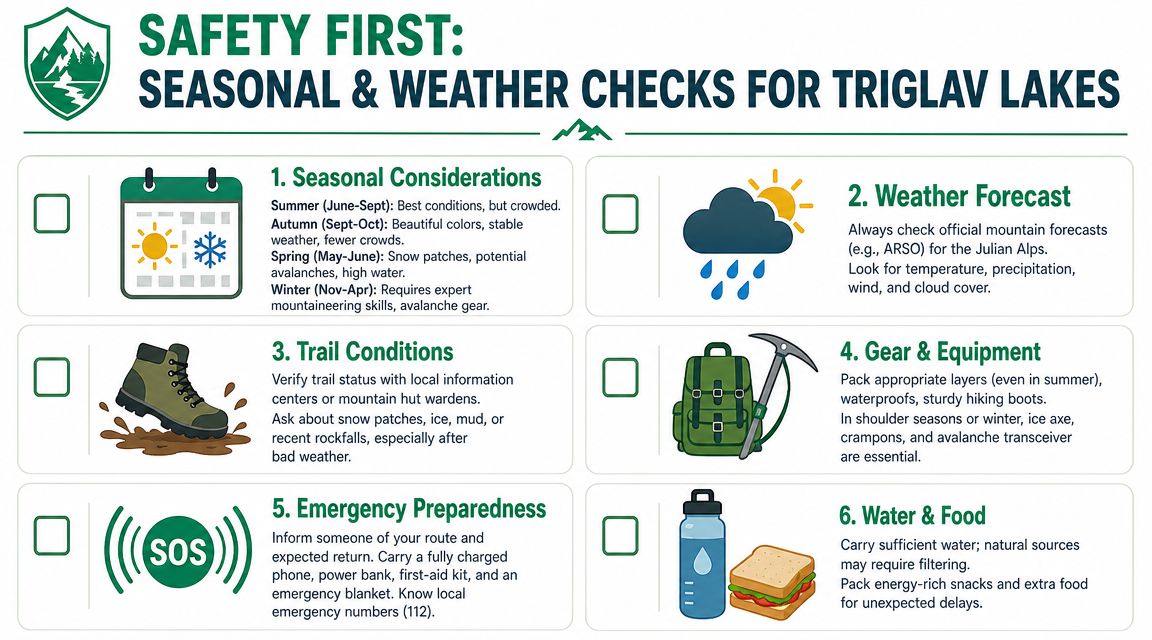 An infographic titled Safety First outlining six essential seasonal and weather checks for visiting Triglav Lakes.