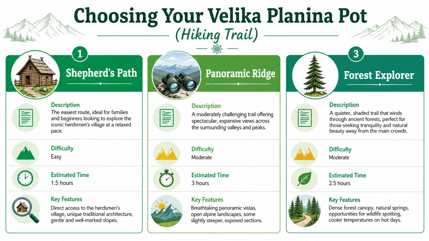 A travel infographic titled Choosing Your Velika Planina Pot showing three distinct hiking trail options with descriptions and details.
