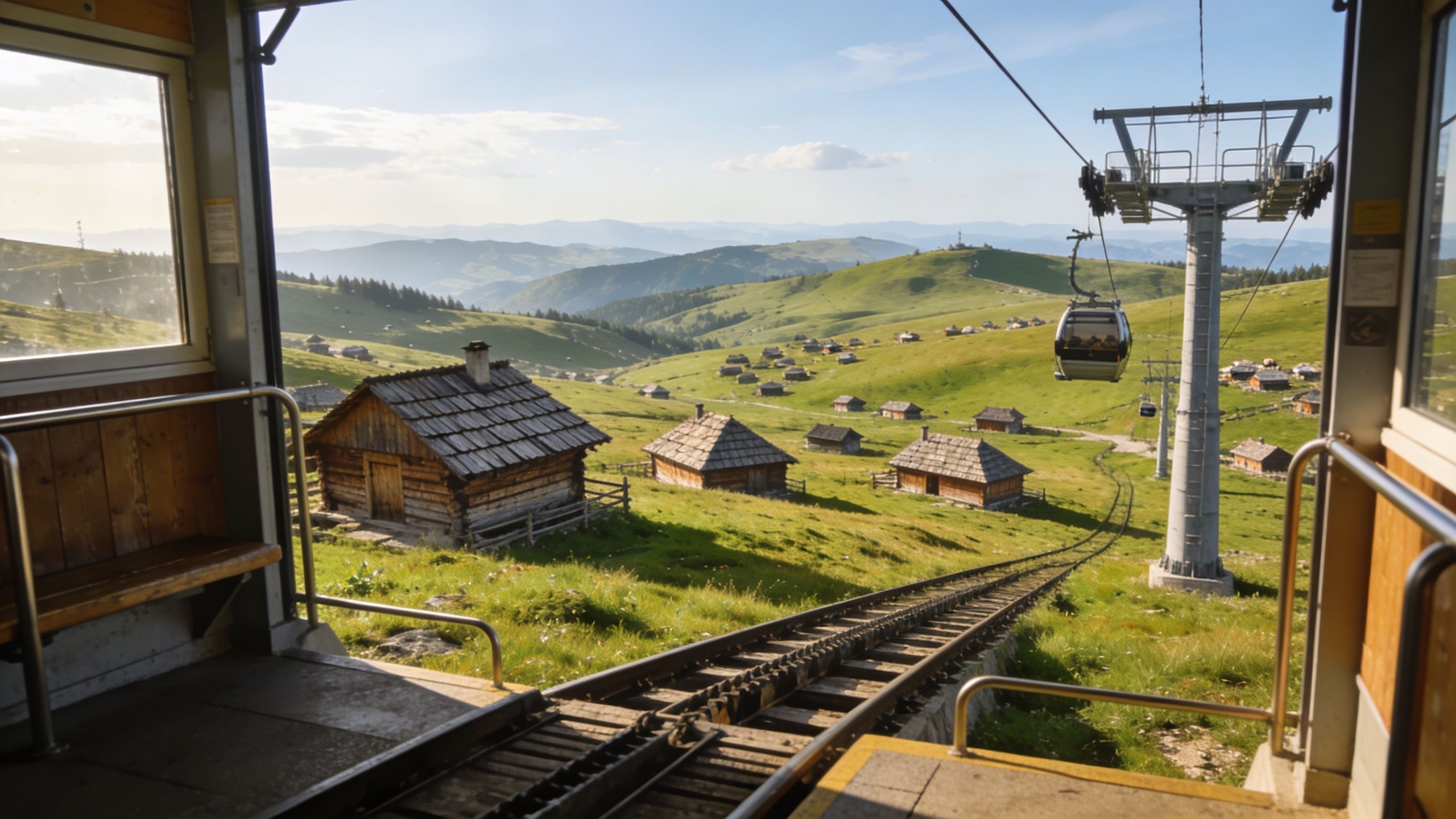 A scenic view from a cable car station looking out over wooden huts in Velika Planina, Slovenia.