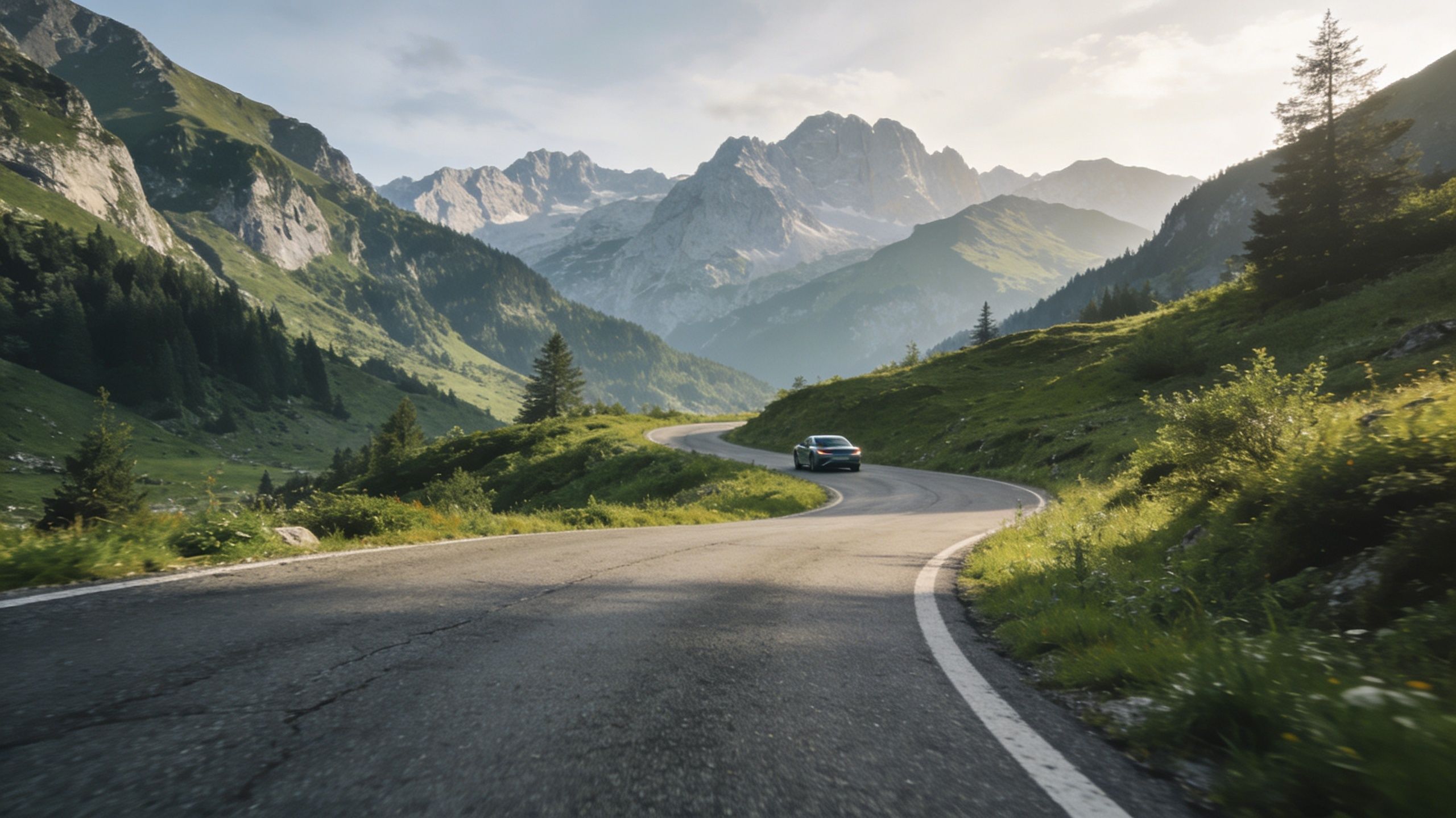 A modern silver car driving along a scenic winding road through the beautiful mountainous landscape of Velika Planina.