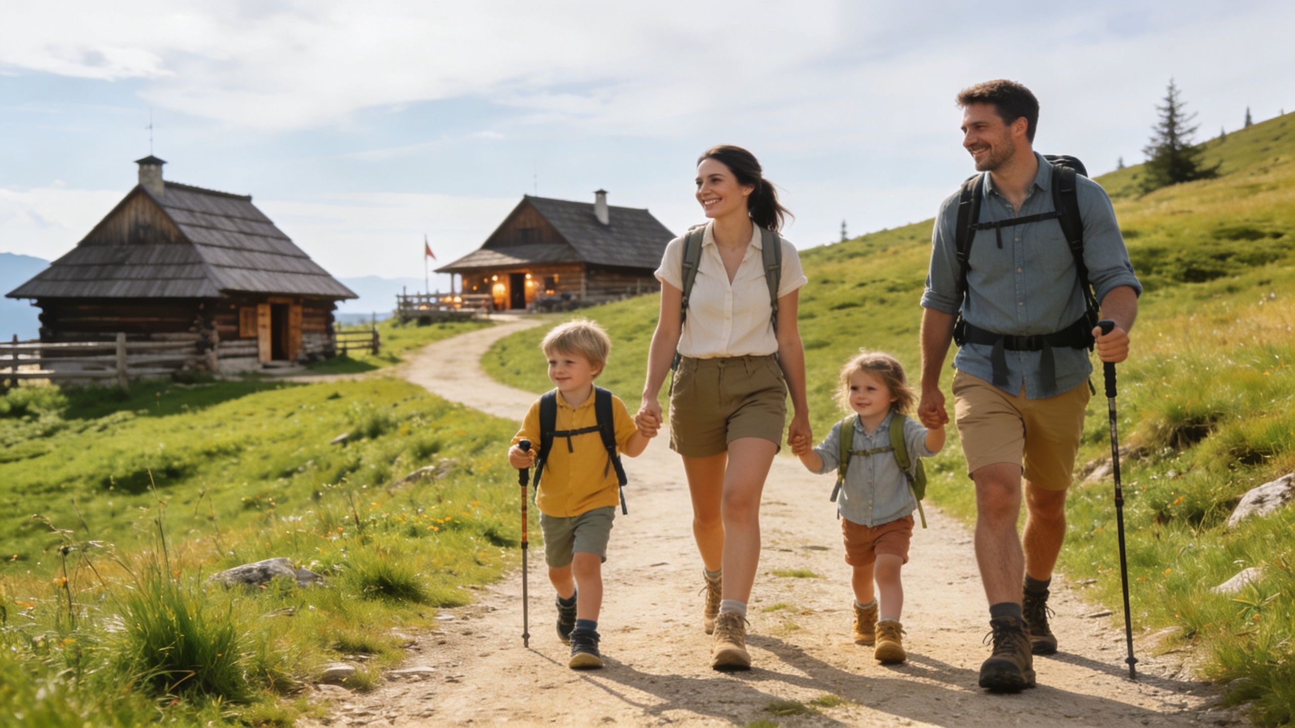 A happy family of four hiking together on a sunny mountain path near rustic wooden cabins.
