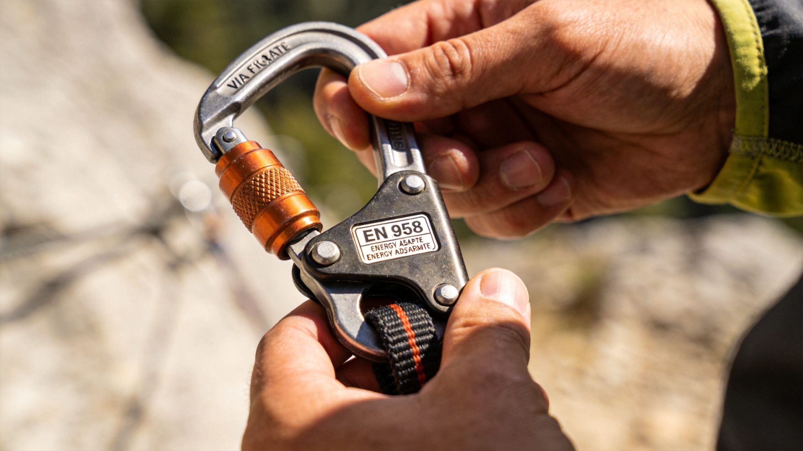 A climber's hand holds a specialized via ferrata carabiner with an orange locking sleeve and metal plate.