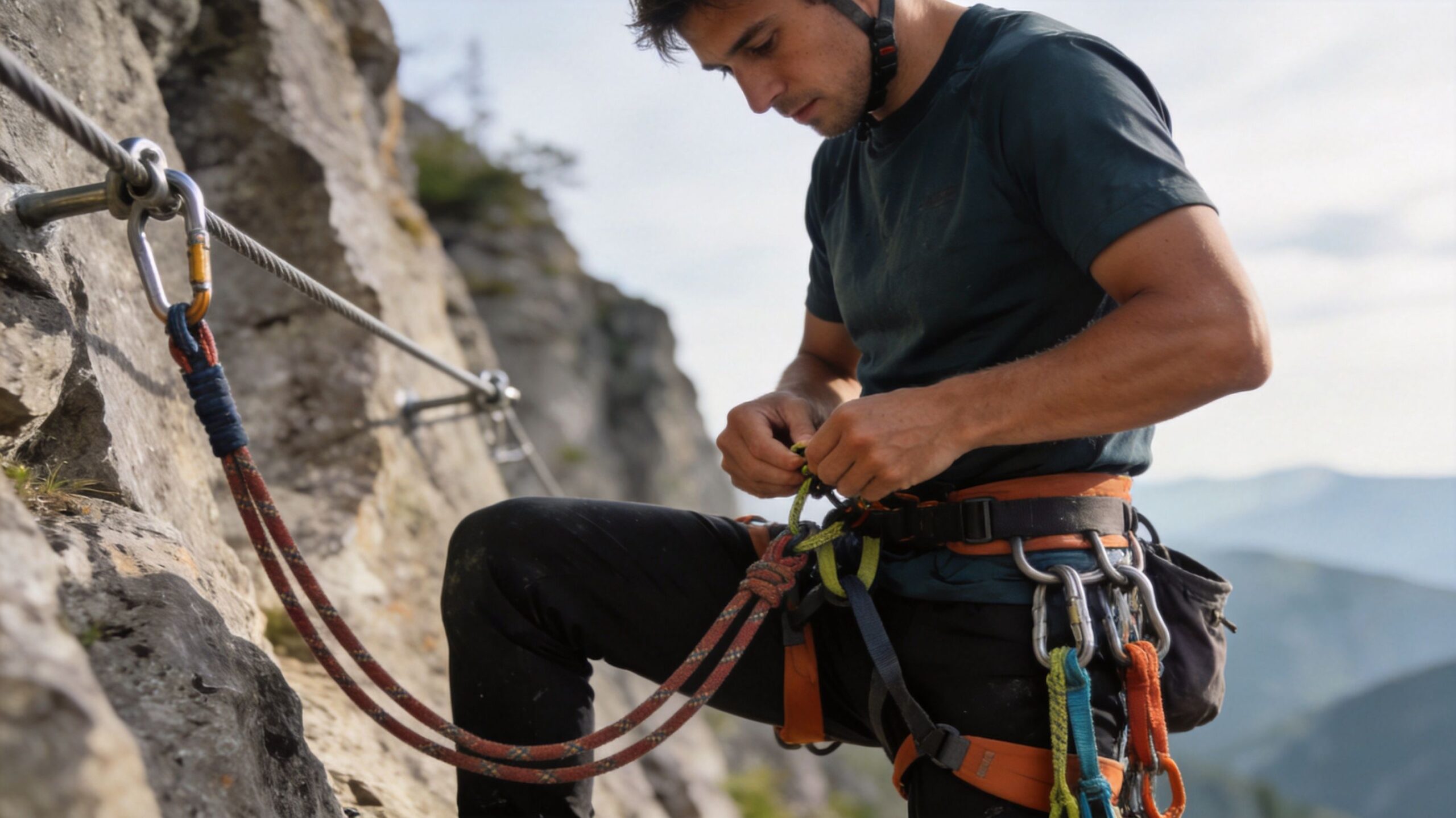 A focused climber in a helmet adjusting his harness gear while secured to a via ferrata cable.