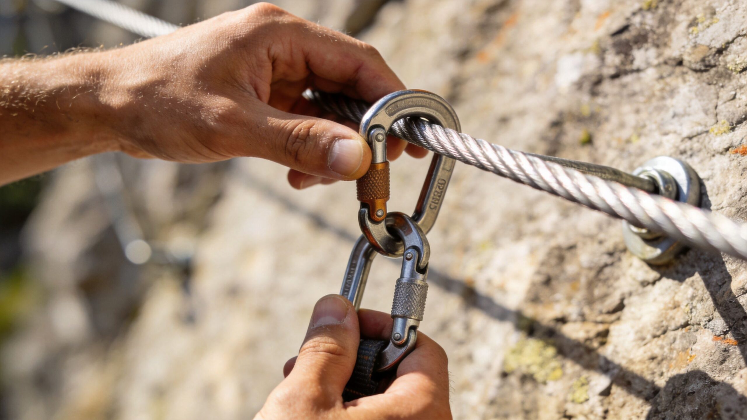 A climber's hands manipulating a carabiner attached to a steel cable on a via ferrata route.