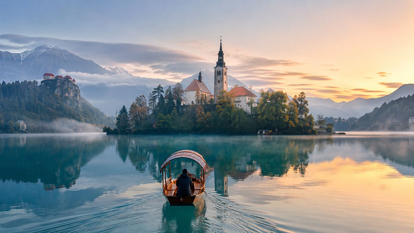 A person in a traditional wooden pletna boat approaching Bled Island with a church during sunrise.
