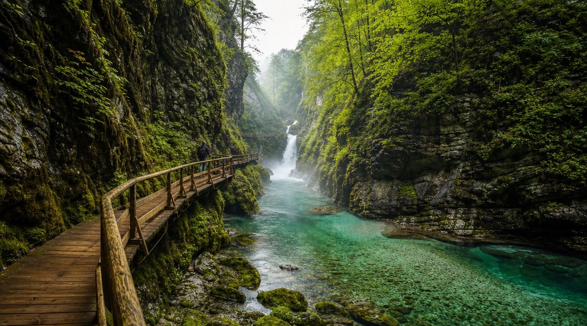 A wooden walkway winds through the lush, misty Vintgar Gorge with a stunning turquoise river and waterfall.