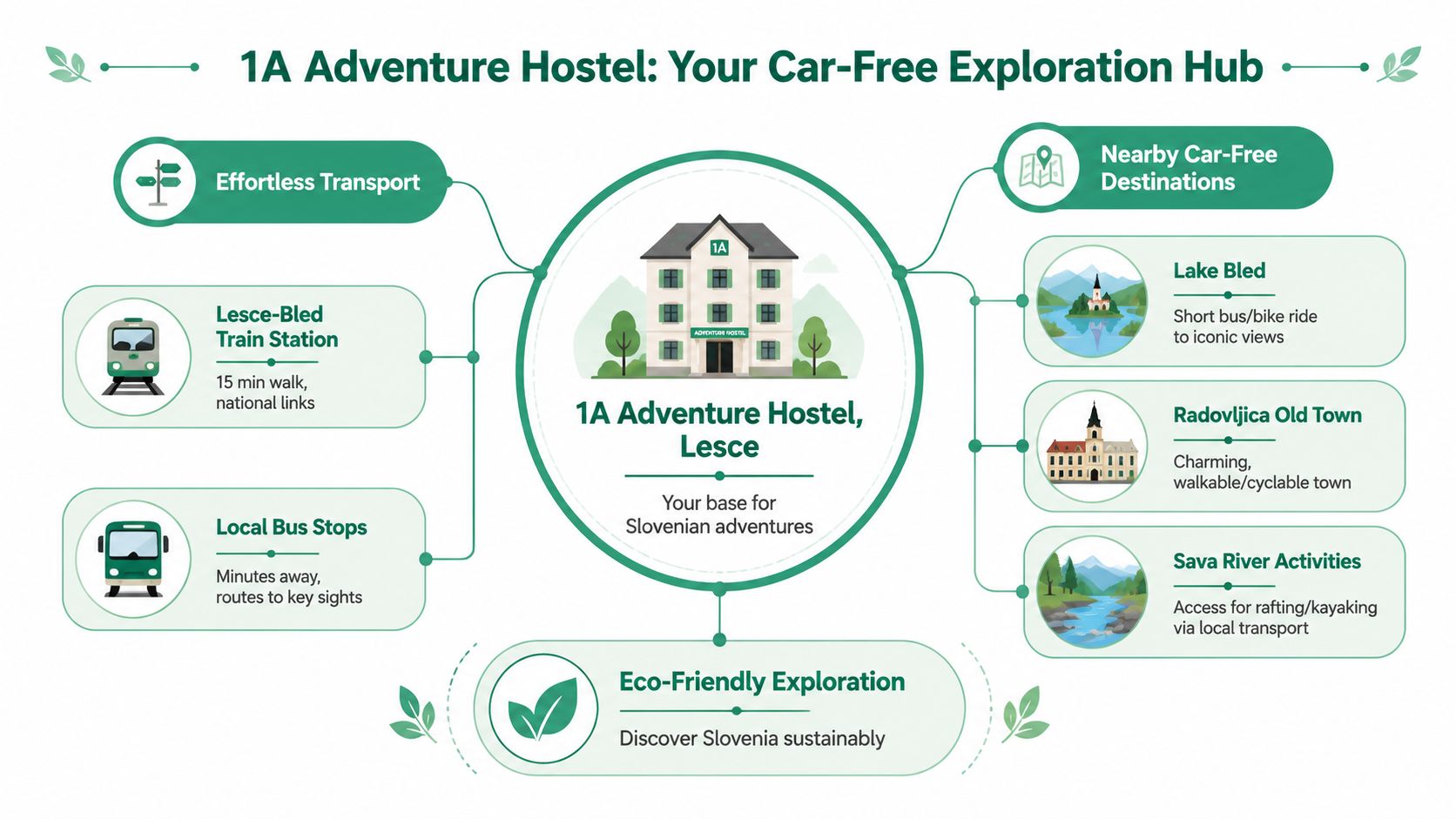 An infographic showing 1A Adventure Hostel in Lesce as a car-free hub for exploring Slovenian destinations.