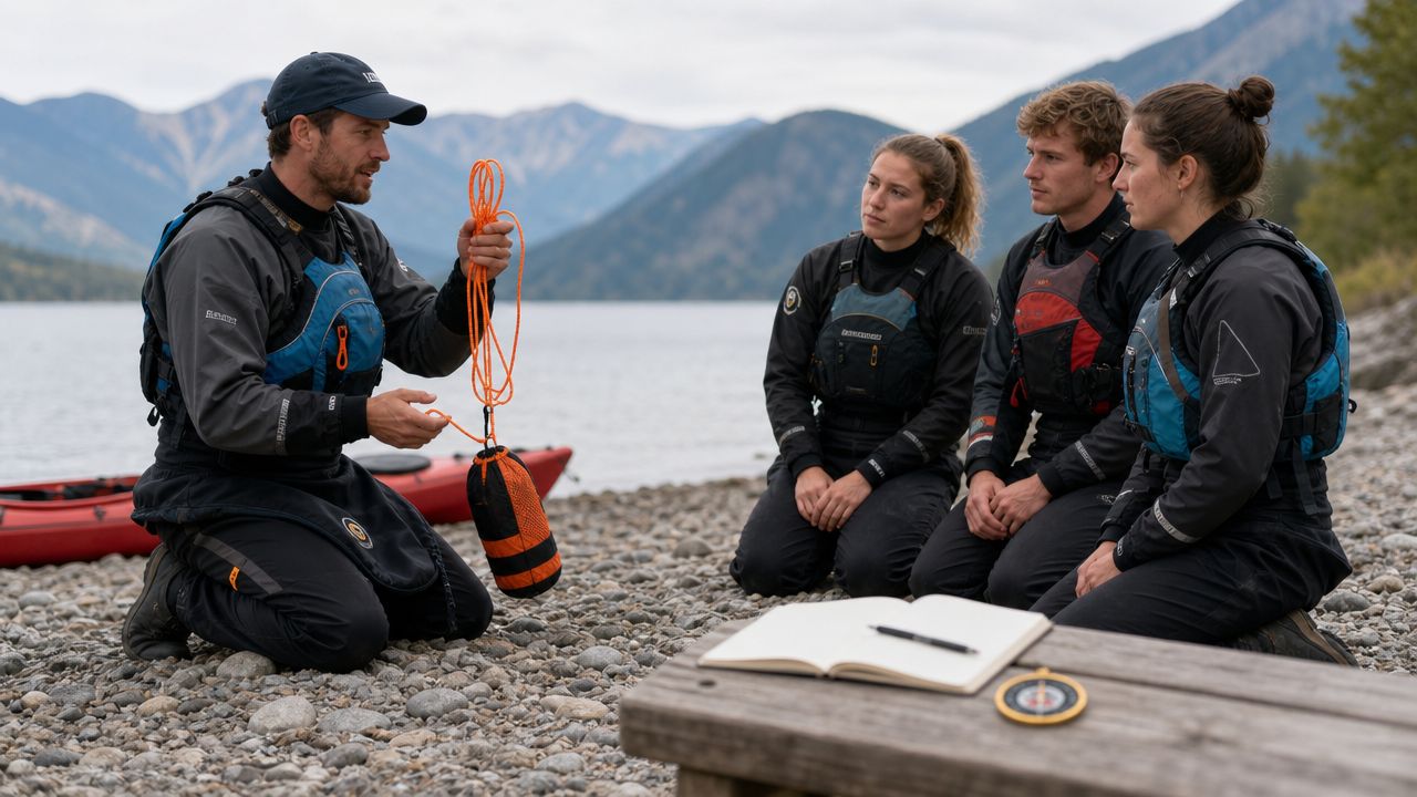 A male kayak instructor demonstrating the use of a rescue throw bag to three attentive students.
