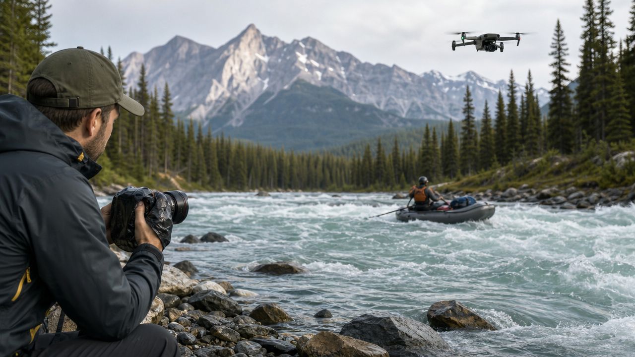 A professional photographer filming a man in a raft on a rushing river with a drone flying above.