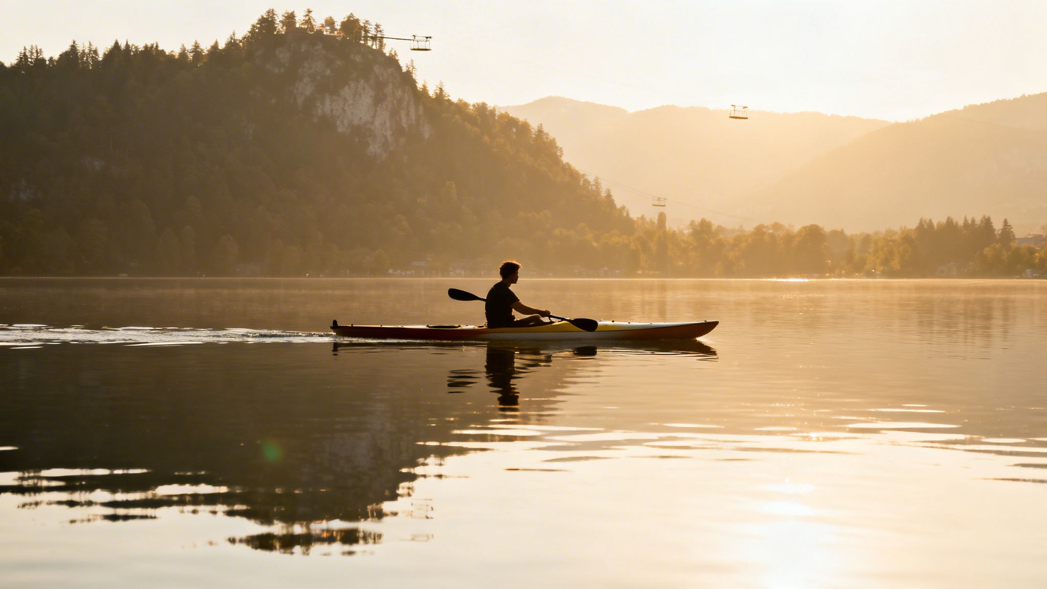 A silhouetted person kayaking on a tranquil lake with misty mountains and warm sunrise glow.