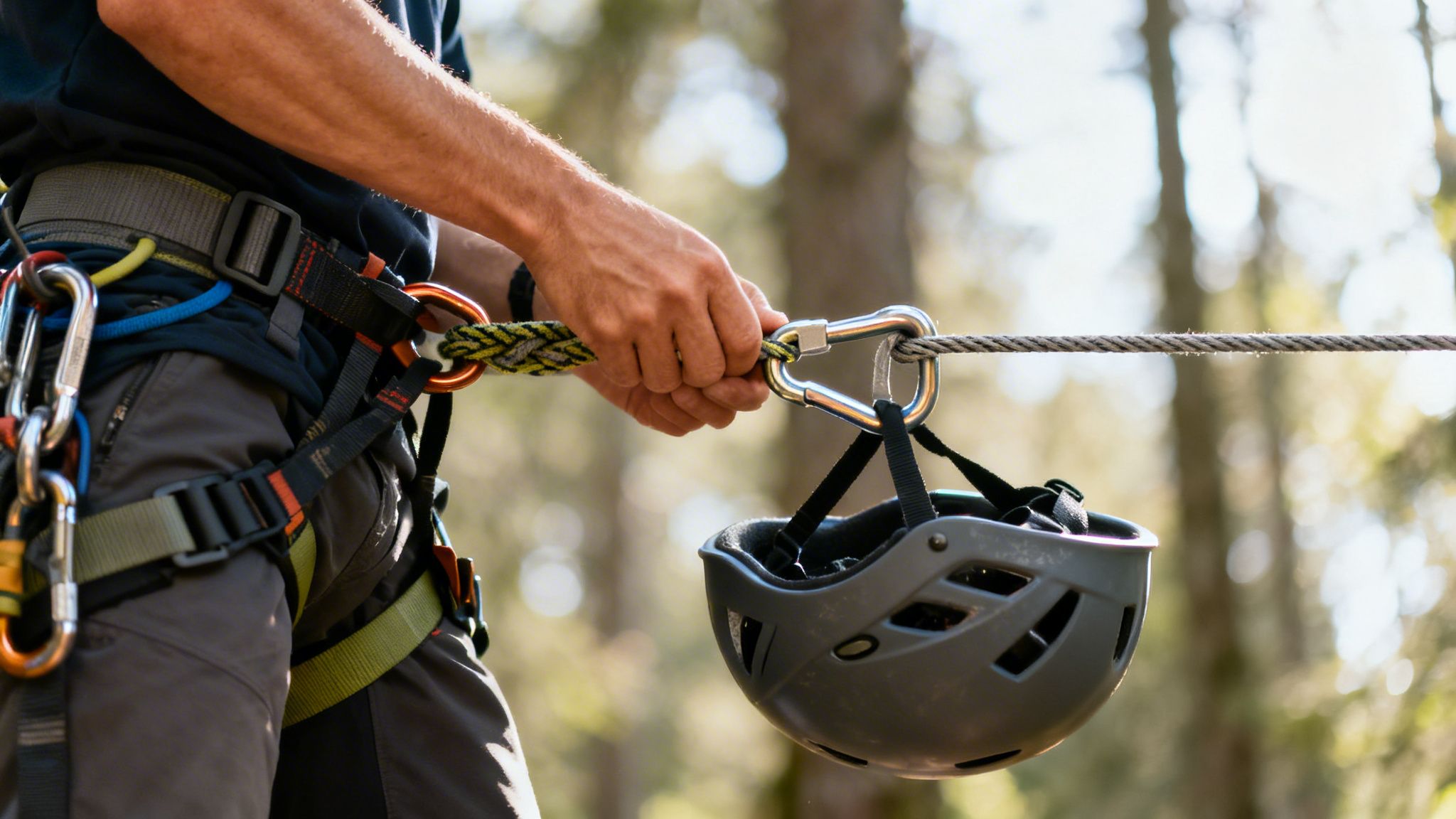 Person in a climbing harness attaching a helmet to a rope with a carabiner for an adventure park.