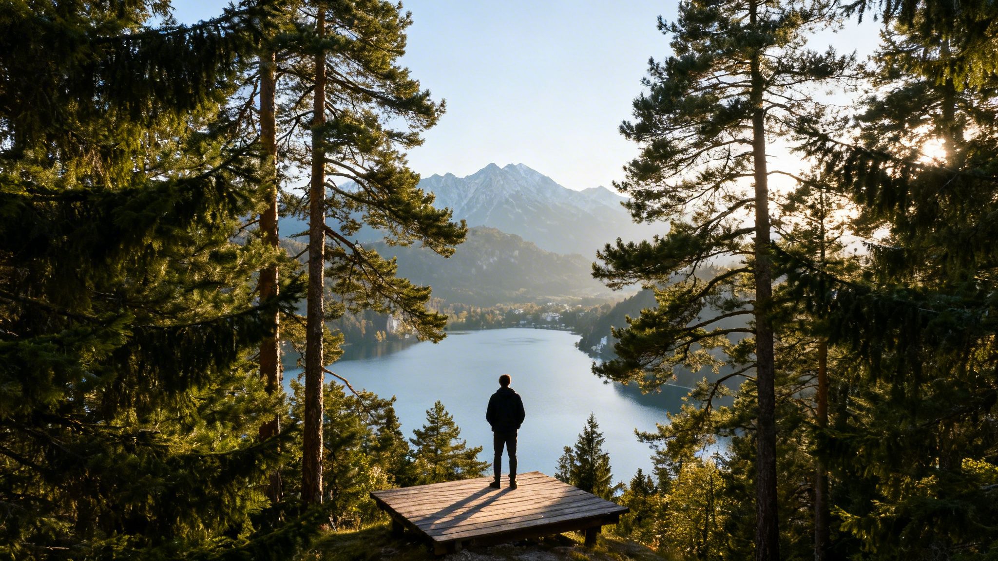A person on a wooden platform overlooks a serene lake, framed by tall pine trees and majestic mountains.