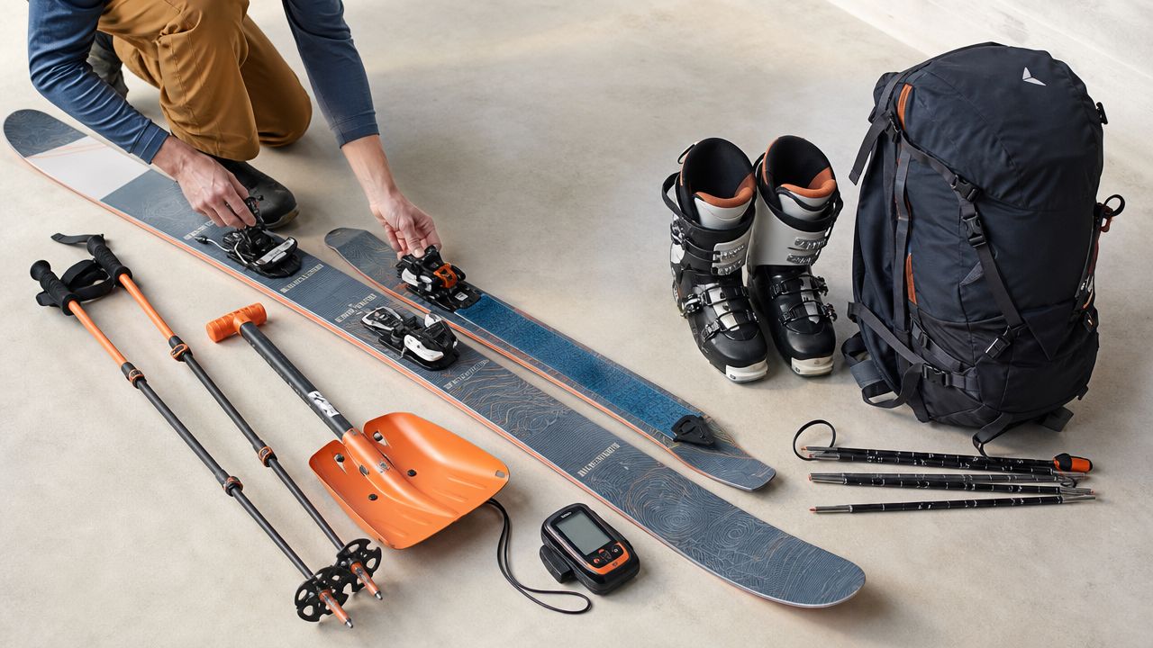 A person organizing backcountry ski equipment including skis, boots, a backpack, poles, a shovel, and a GPS device.