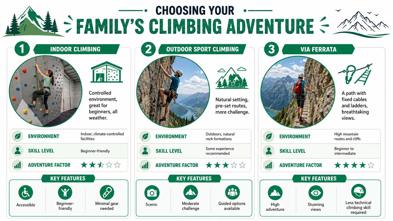 An infographic comparing three family-friendly climbing adventures: indoor climbing, outdoor sport climbing, and via ferrata.