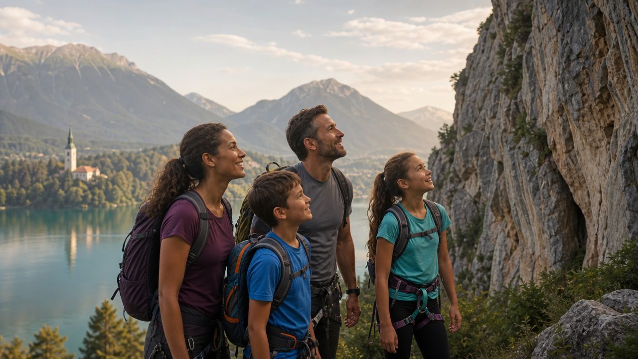 A happy family of four looking at a rock climbing wall near Lake Bled in Slovenia.