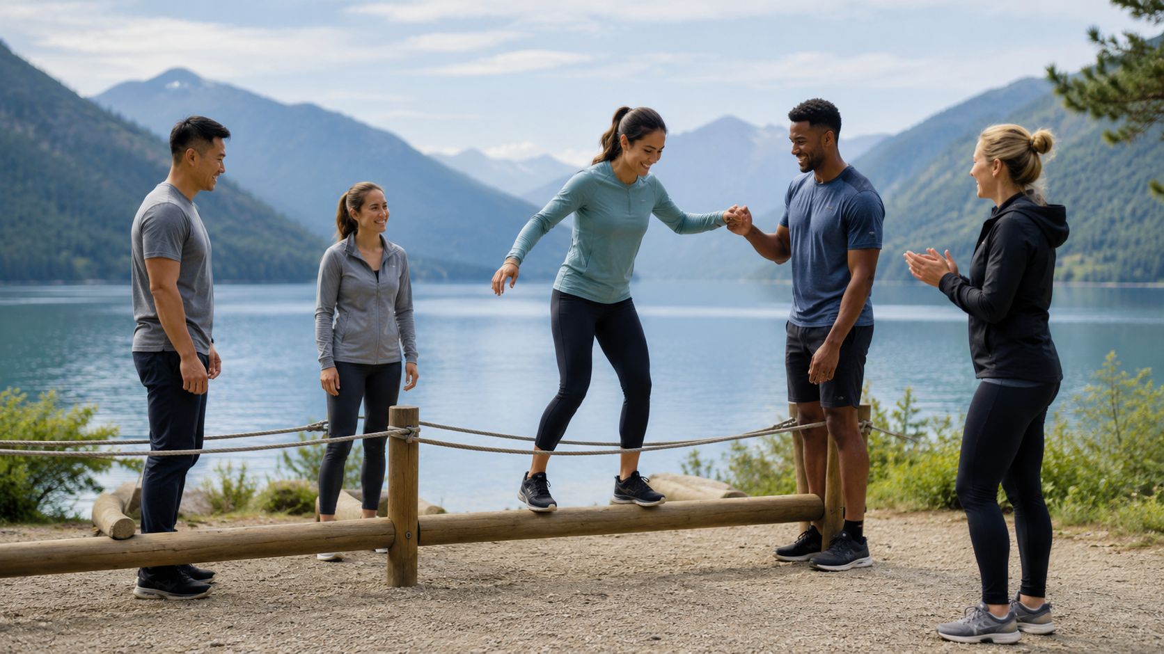 A group of friends enjoys outdoor team building activities by balancing on a wooden beam near a lake.