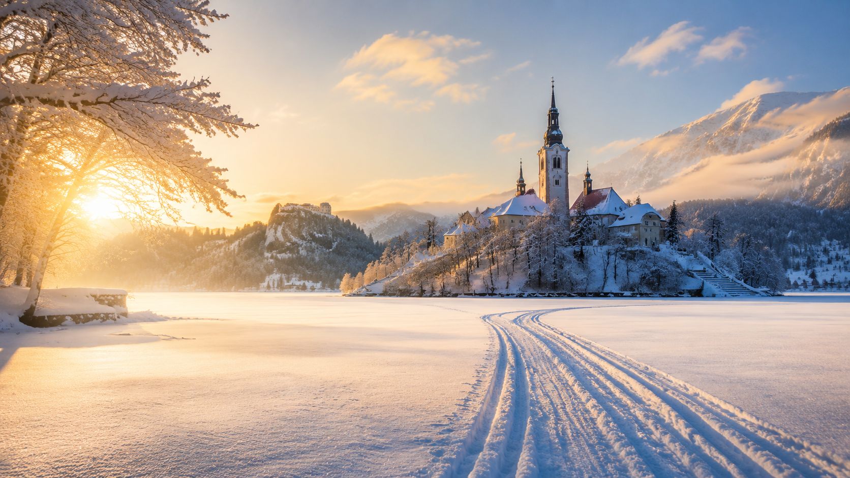 A scenic view of a snowy church island on a frozen lake during a beautiful golden sunset.