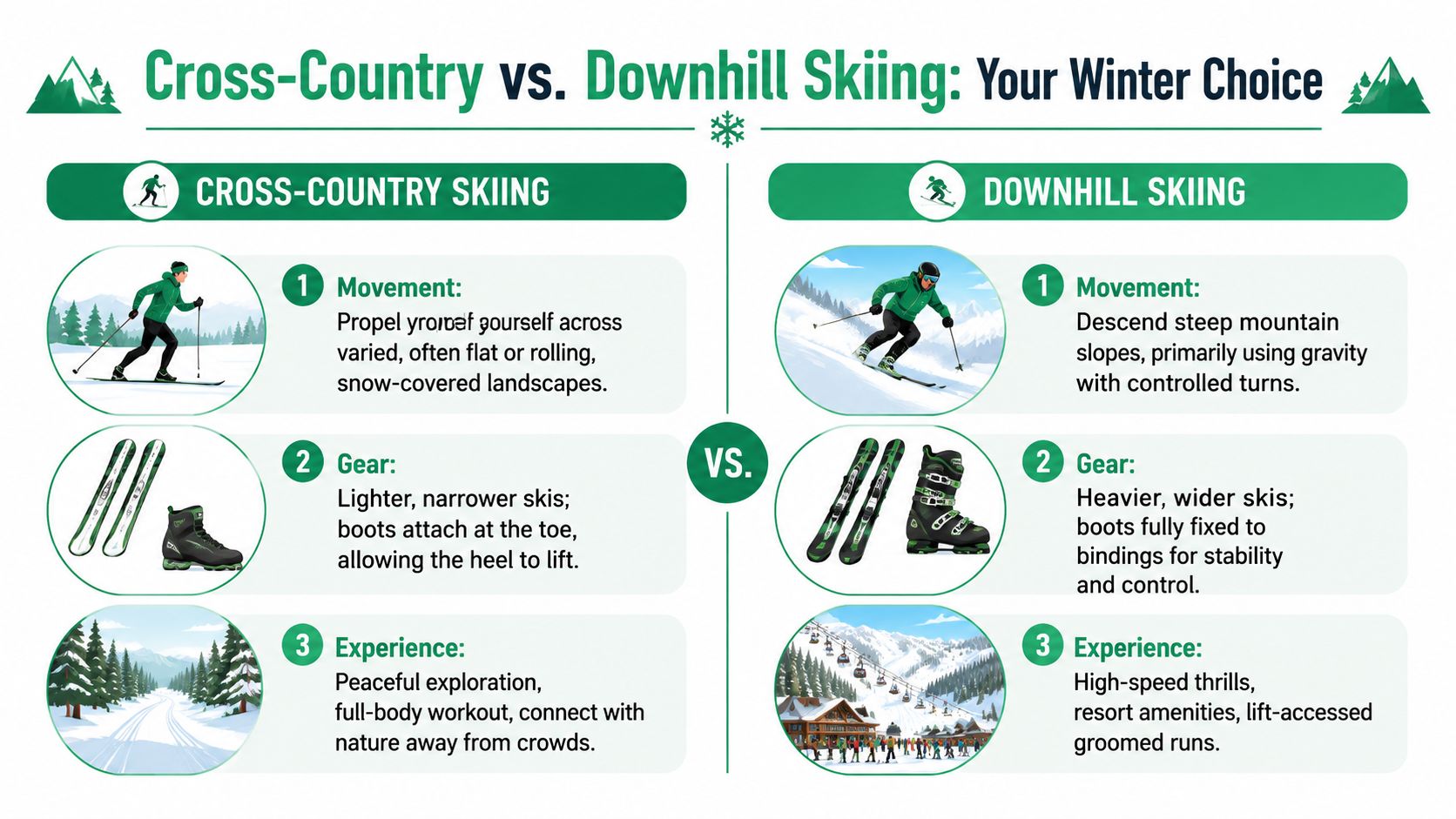 An infographic comparing cross-country skiing and downhill skiing by movement, gear, and overall experience.