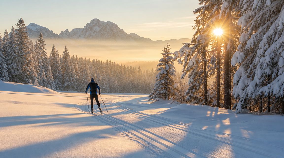 A person cross country skiing through a snowy landscape during a scenic golden sunset in the mountains.