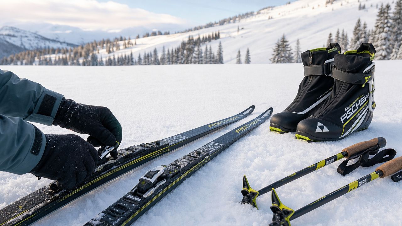 A person prepares their cross country skiing gear on a snow-covered mountain slope on a sunny day.