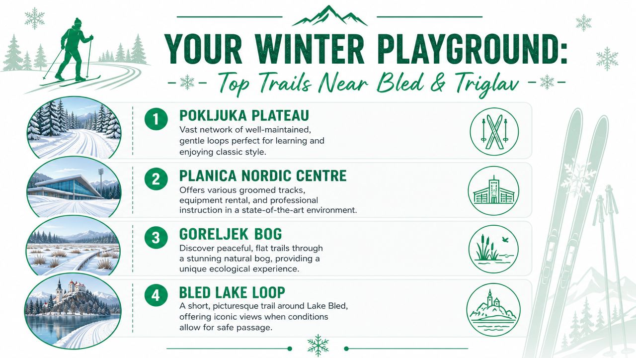 An infographic listing four top locations for cross-country skiing near Bled and Triglav in Slovenia.