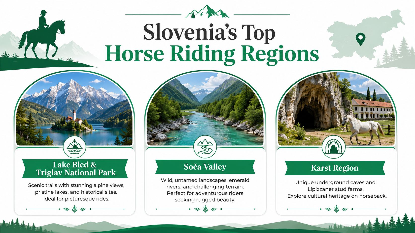 A travel infographic showcasing three popular horse riding regions in Slovenia with scenic landscape photos.