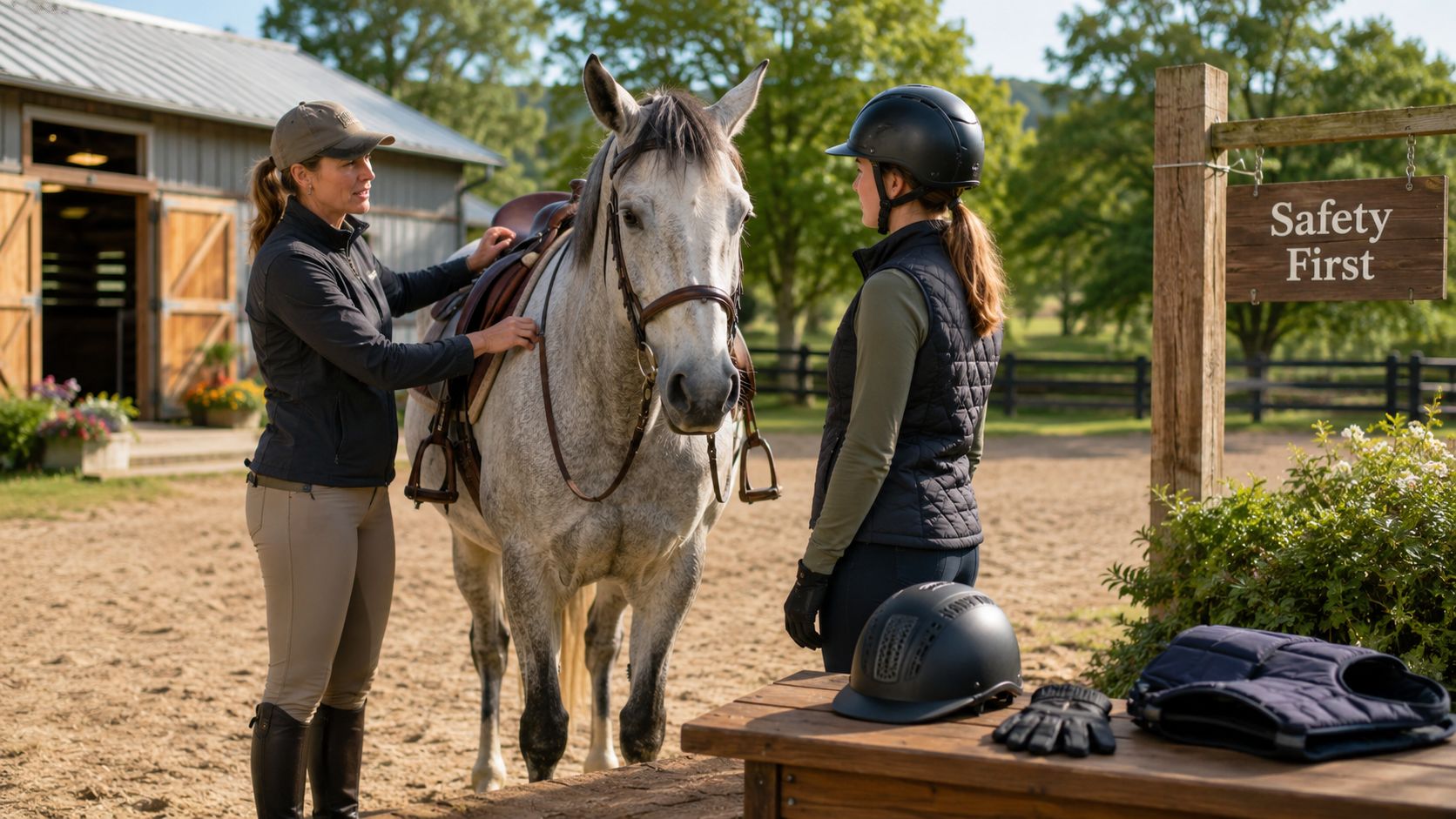 An instructor and a student interacting with a horse in a riding ring at a stable.